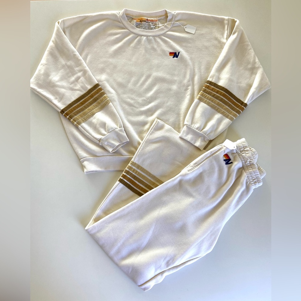 NWT AVIATOR NATION SET Vintage White Rugby Stripe + Wide Leg Sweatpants Small 🌈